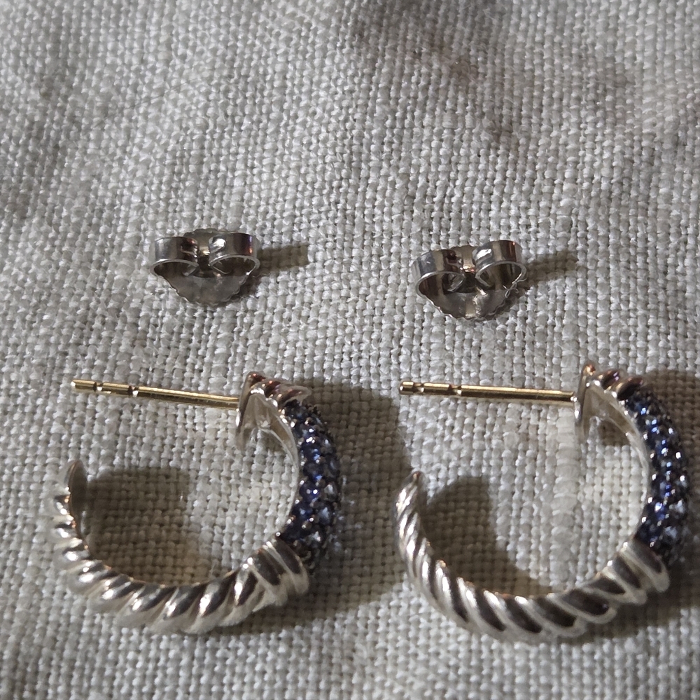 David Yurman Cable Candy Metro Hoop Earrings with Blue Sapphire, SS - Picture 8 of 14